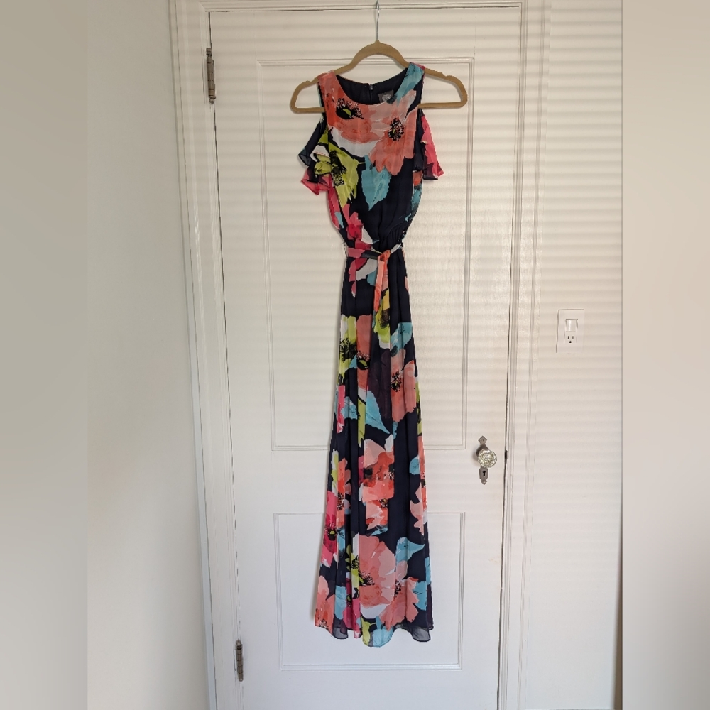 Vince Camuto Chiffon Floral Maxi Dress with Straps Ruffle Sleeves Size 4